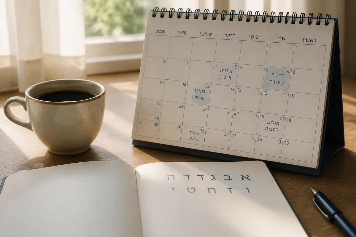 A desk calendar and notebook with only a few Hebrew letters practiced in ink.