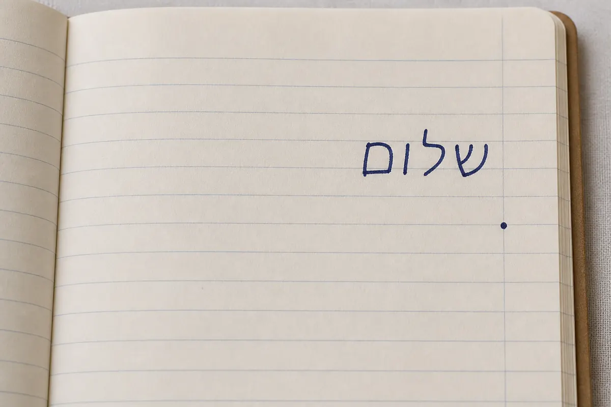 A lined notebook with a Hebrew word started from the right margin.
