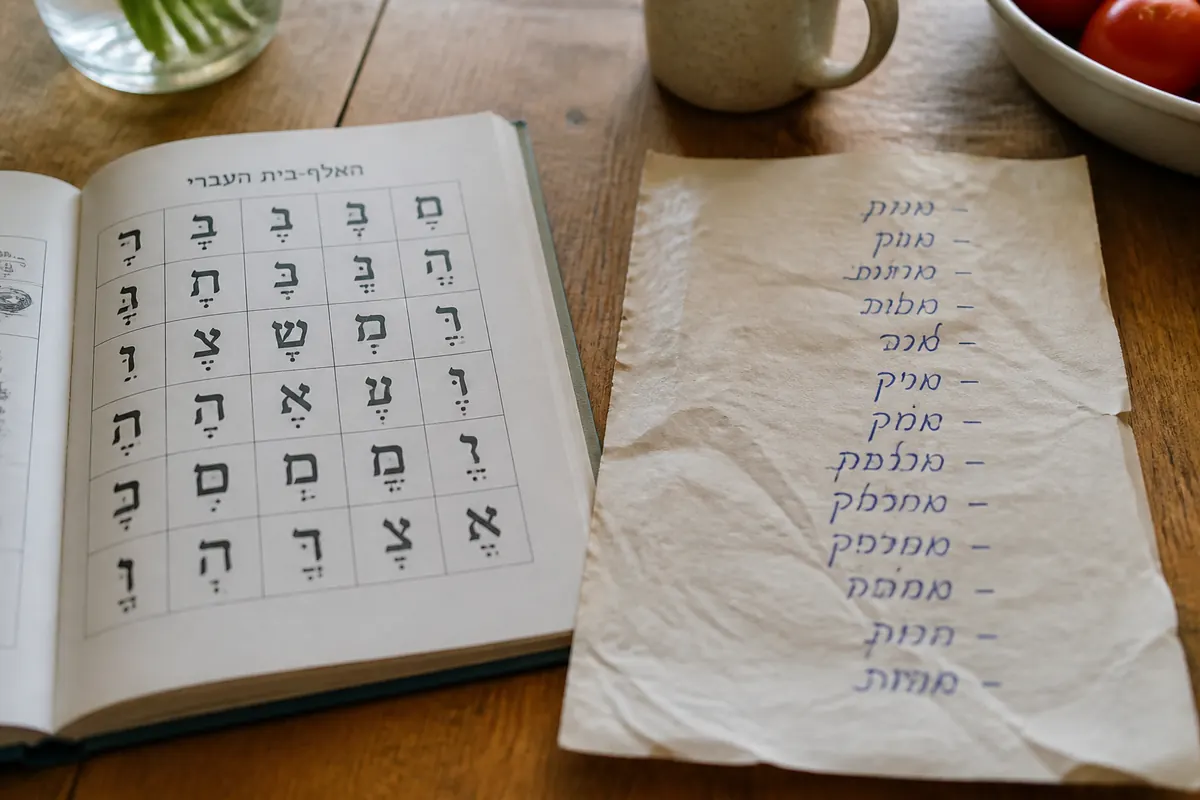 A printed Hebrew primer open next to handwritten notes.