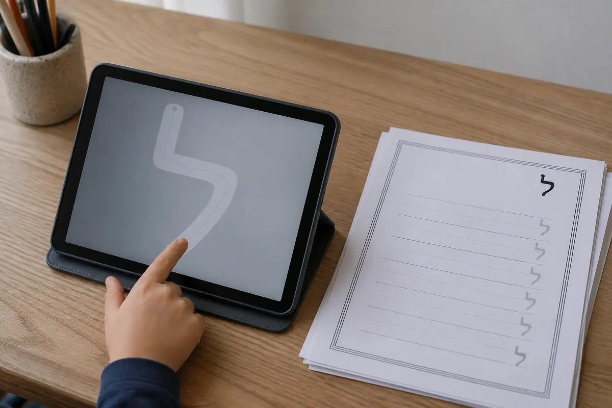 A finger tracing a large Hebrew letter outline on a tablet.