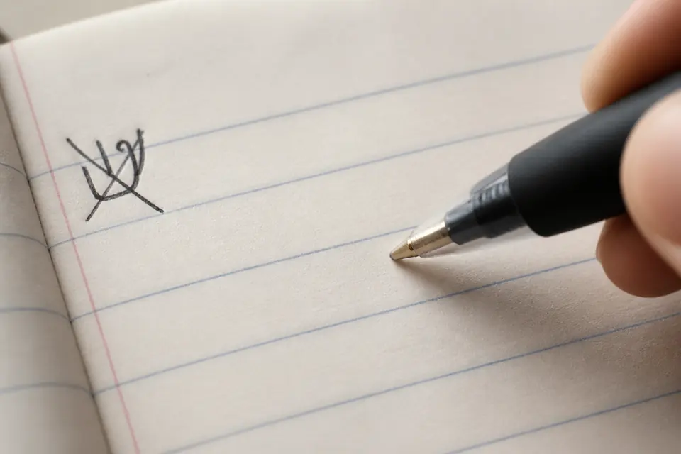 A blank notebook line with a pen hovering and one failed Hebrew shin scribbled in the corner