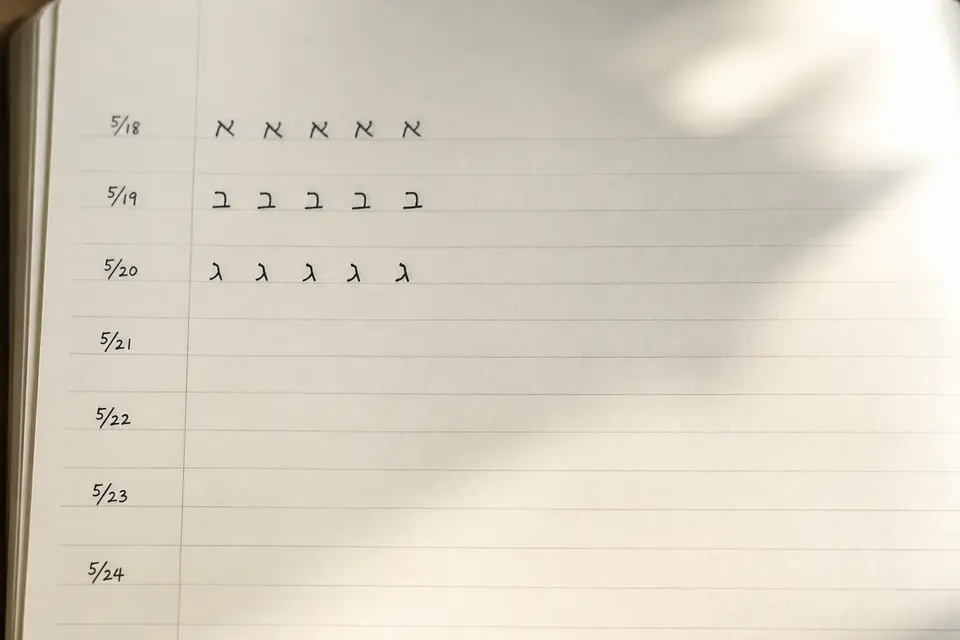 A notebook page with dates in the margin and only a few Hebrew letters practiced that week